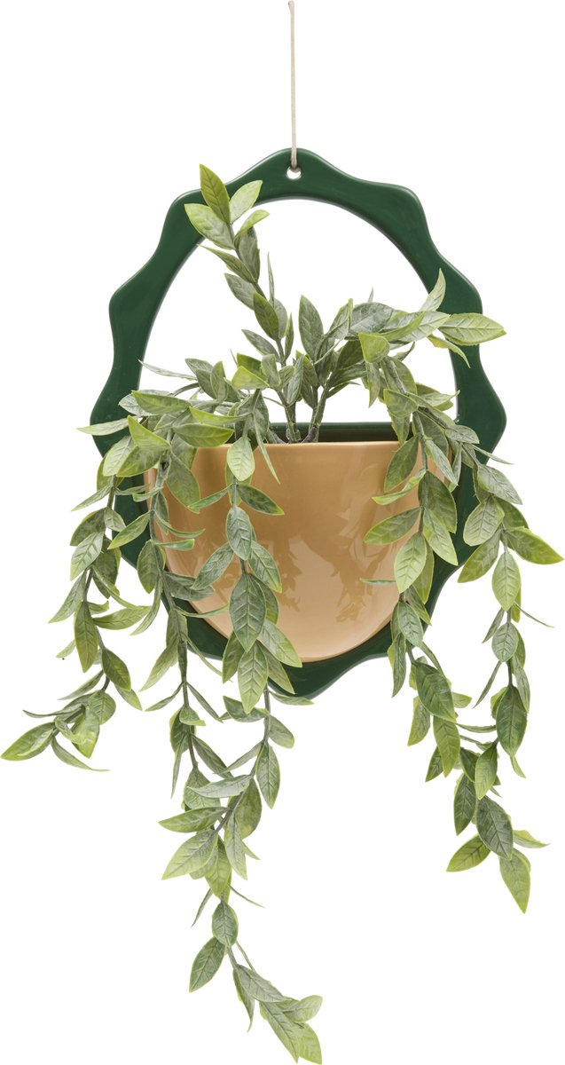 Atmosphera Kunstplant Hangplant Chéri met keramieken pot - 20x9x52cm - Oker Groen