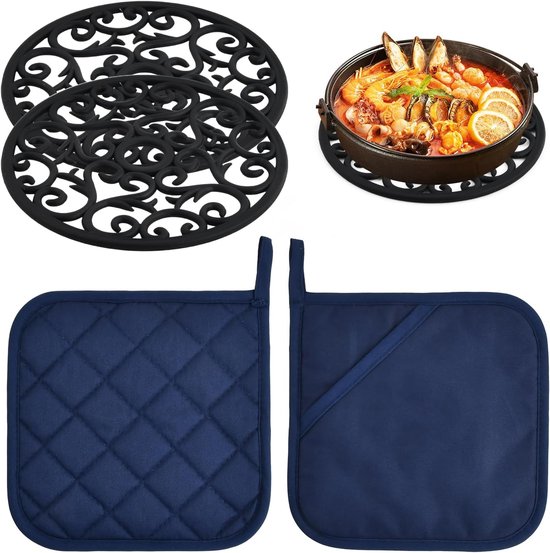 Set de 2 dessous de plat en silicone pour casseroles, théières et poêles, maniques 2 pièces, maniques, multifonctions de qualité supérieure, résistants à la chaleur, dessous de plat en silicone