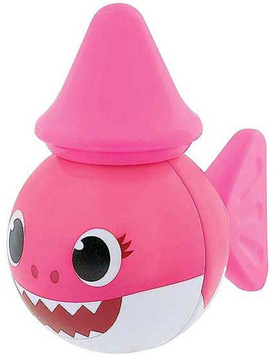 Roze Baby Shark met witte buik, scherpe tanden en een roze puntmuts.