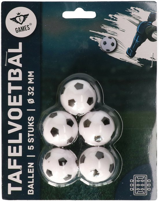 Verpakking met vijf witte voetballetjes met zwarte zeshoeken, 32 mm.