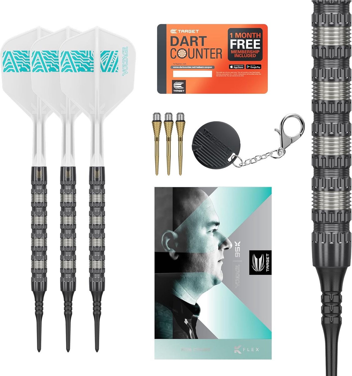 TARGET Darts Rob Cross 95K Soft Tip 95% Tungsten Dart Set, 18G | Voltage Player-Edition Dart Set met Pixel Tips, K-Flex Flights, Elektronische dartsset met zachte punten