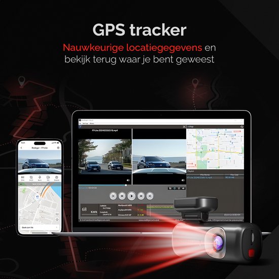 RedTiger F9 Lite dashcam, GPS-tracker, met weergave op laptop, telefoon en tablet van navigatie en opgenomen beelden.