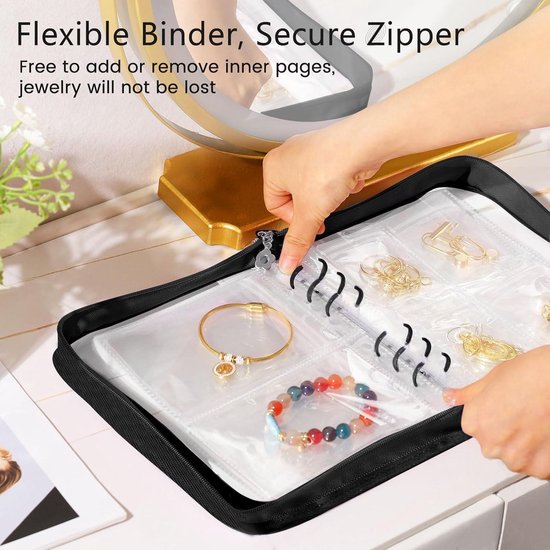 Allecto Plus - Reis Sieraden Organizer Opbergdoos Sieraden opbergen Boek met 96 Draagbare Anti-Aanslag Transparante Zakken voor Kettingen Armbanden Oorbellen Ringen Zwart