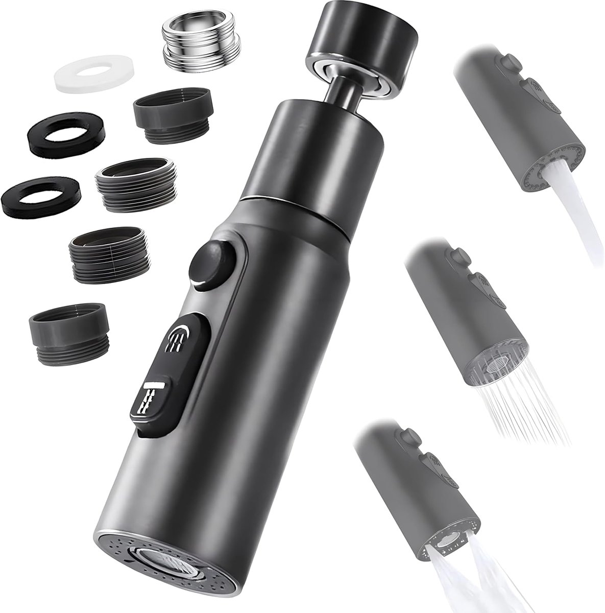 Kraanopzetstuk -360° Draaibare Uitloop Keukenkraan -Kraan Mondstuk Sproei met - 3 Functie Modes, 4-Lagen Filtering en 6 Soorten Adapters, Geschikt voor Keuken en Badkamer Wastafel (Zwart)