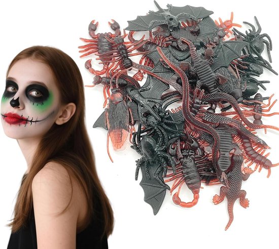 Allecto Plus - 40-delige set plastic insecten en dieren - decoratie voor onderwijs en taart - nep kakkerlak - nep schorpioen - vleermuis - spin - mier - gekko - duizendpoot - kleine slang