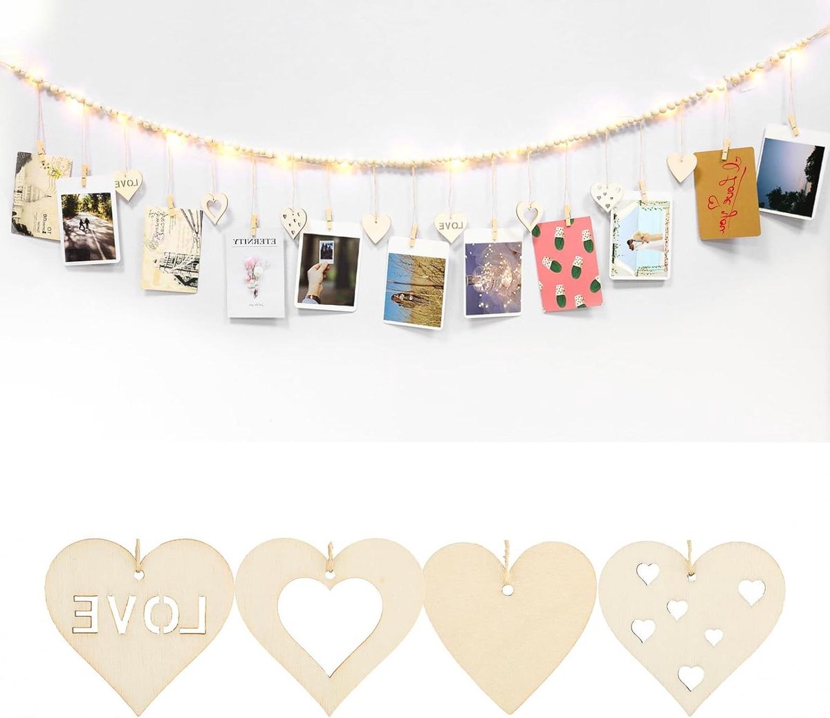 Allecto Plus - 158 cm fotolijst met klemmen en LED-verlichting voor boho fotowand - fotodisplay met houten kralen en clips - hartvormige hanger - inclusief fotoslinger touw voor foto's en ansichtkaarten