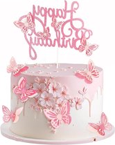 Allecto Plus - Set van 13 Glitter Vlinder Cake Toppers voor Verjaardagstaarten - Roze Decoraties voor Bruiloft, Verjaardagsfeest en Baby vieringen