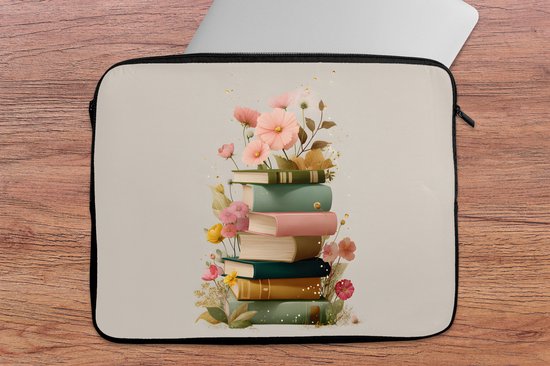 Housse pour ordinateur portable 17 pouces - Boeken - Pile - Fleurs - Coloré - Housse pour ordinateur portable - Dimensions intérieures 41x28 cm - Dos noir