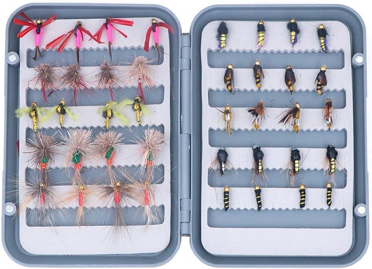 Allecto Plus - Complete set met 40 Vliegvissen Vliegen inclusief Doos - Ideaal voor Bas, Zalm en Forel Vissen