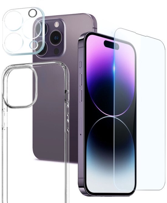 Protecteur d'écran en verre OneOne , étui de protection antichoc et protecteur d'objectif d'appareil photo. Coque arrière avec pare-chocs d'air et film de protection d'écran en verre trempé. compatible avec Apple iPhone 14 Pro Max