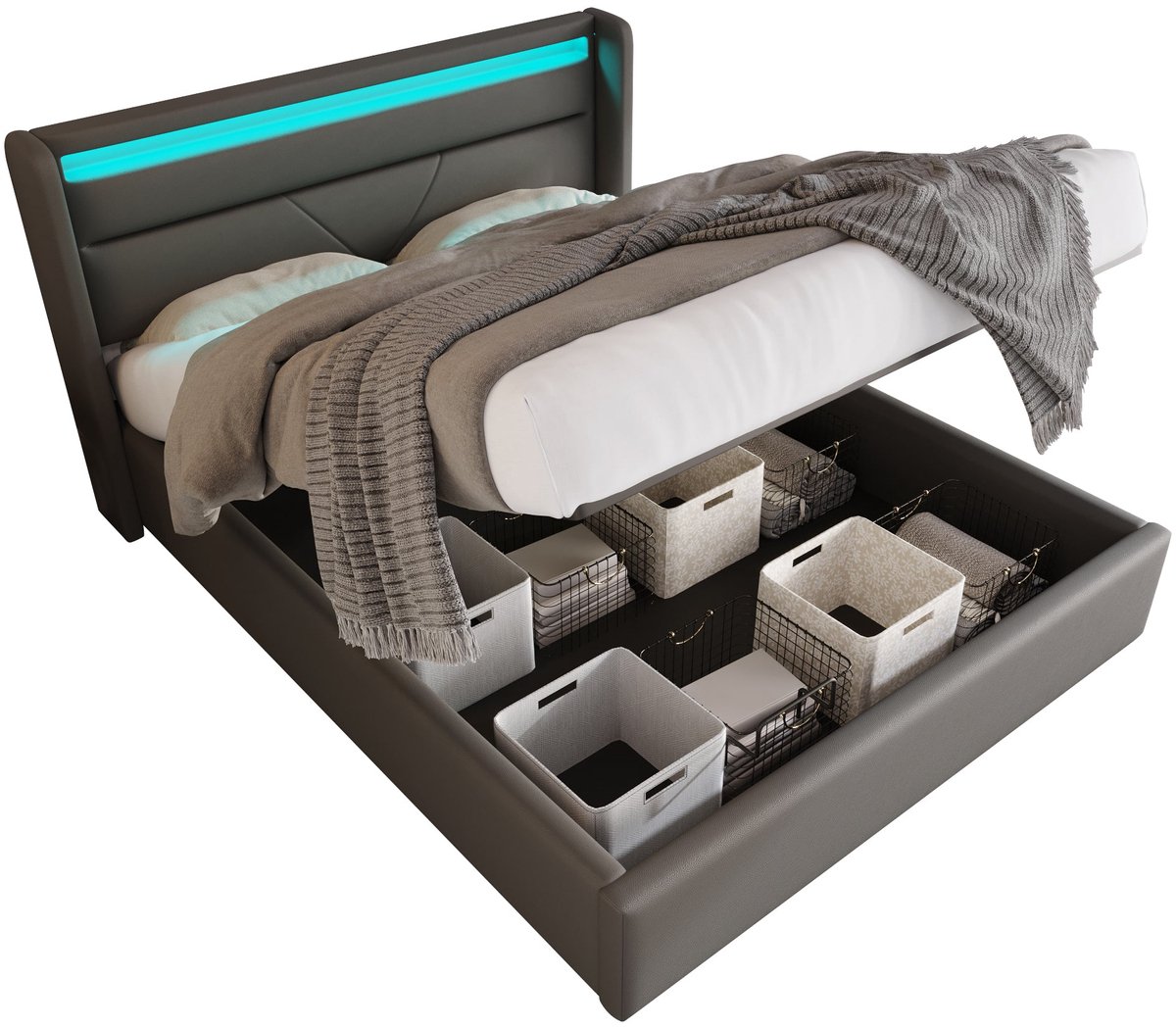 Merax Hydraulisch Stauraumbed 160x200cm - Functiebett met LED-Beleuchtung en USB-laden - Grijs Kunstleer