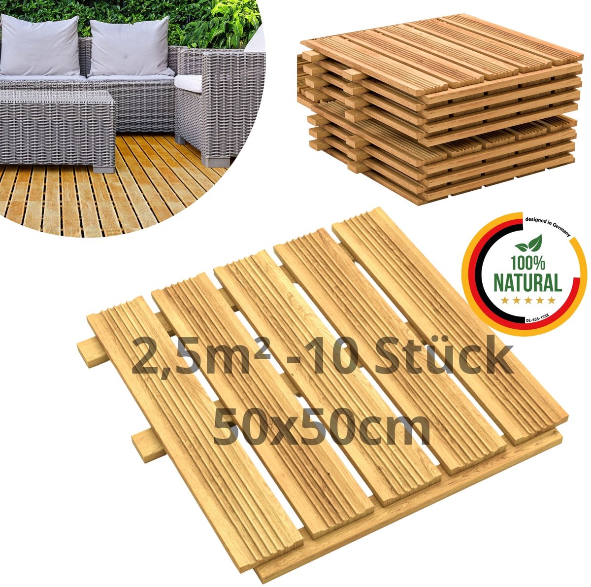 Floranica Houten Tegel Terrastegel Massief Larikshout 50 x 50 cm 10 stuks / 2,5 m² Natuur Balkontegel Fijn geribbeld Vloerbedekking met drainage Balkonvloer voor buiten