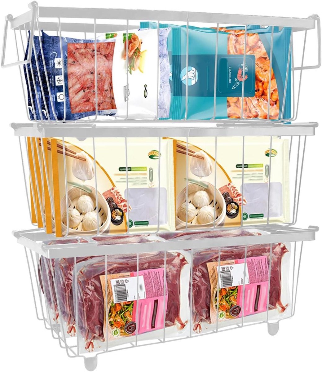 Allecto Plus - Vrieskast-organizer stapelbare metalen manden - 5-7 Cu.FT diepvries opbergmanden - eenvoudige toegang tot diepvriesproducten - draadmand met antislip bodem.