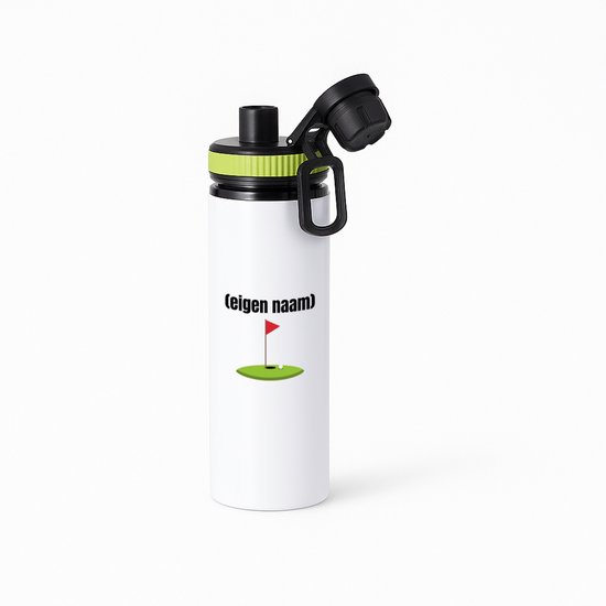 Bouteille d'eau blanche avec bouchon vert, ornée d'une image de golf avec un drapeau et le texte (nom du propriétaire).