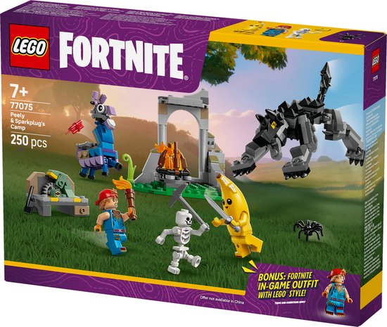 Boîte de jeu LEGO Fortnite Peely & Sparkplug's Camp avec diverses figurines.