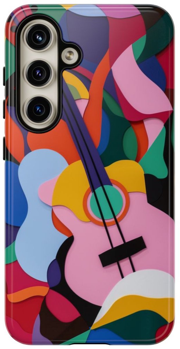 Kleurrijke Abstracte Gitaar – Glanzend Stevig Hoesje Geschikt voor Samsung Galaxy S24