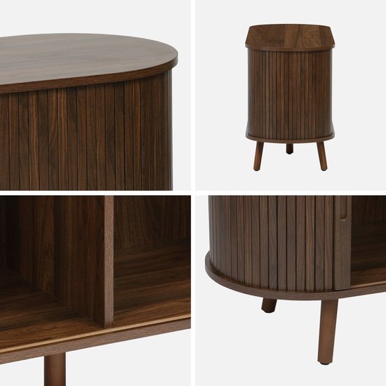 Close-up van donkerbruin Scandinavisch tv-meubel met gegroefd houteffect, deuren en poten.