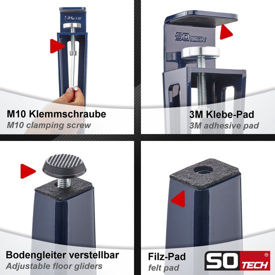SOTECH Set de 4 pieds de table en F, hauteur 745 mm, bleu conique réglable 70-40 mm avec vis de serrage (sans perçage) pour table de cuisine, table à manger, table de bureau