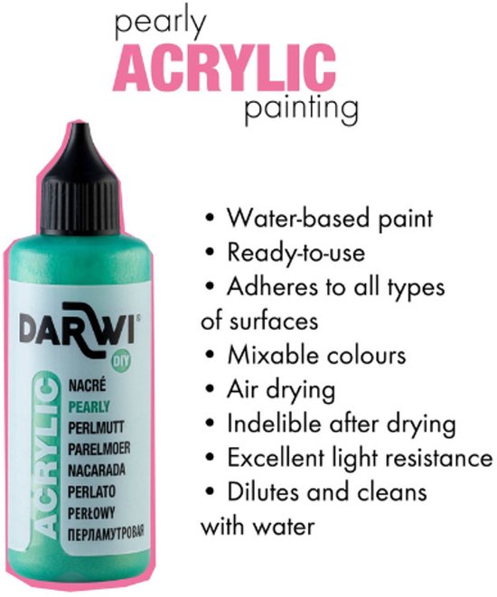 Flesje parelmoer acrylverf in de kleur groen met een zwart dopje. "Pearly acrylic painting" staat erboven.