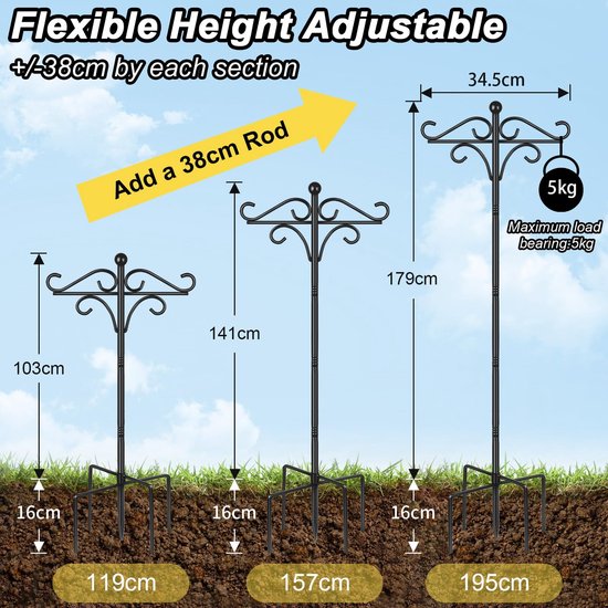 Vogelvoederstation voor de tuin - vrijstaande voederpalen en zware haken, zwart 193 cm