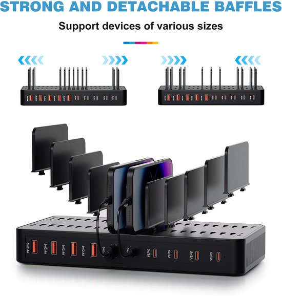 USB Oplaadstation, QC3.0 Vloeibaar kristalscherm monitor laadstation,meerdere apparaten oplader,7 USB Fast Ports Docking Station, compatibel met iPad, iPhone, tablet en mobiele telefoon