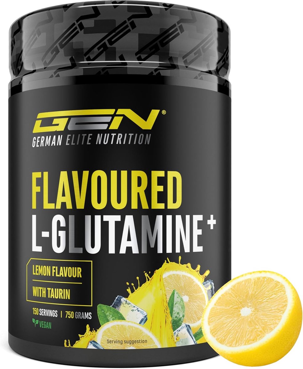GEN Gearomatiseerd L-Glutamine Poeder - 750 g - Ultrafijne L-Glutamine met extra Taurine - Gemicroniseerde Glutamine met Smaak - Suikervrij & Zeer Goed Oplosbaar - Veganistisch (Lemon)