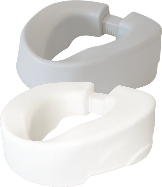 Twee toiletverhogers, één lichtgrijs en één wit, met een verstelbare breedte.