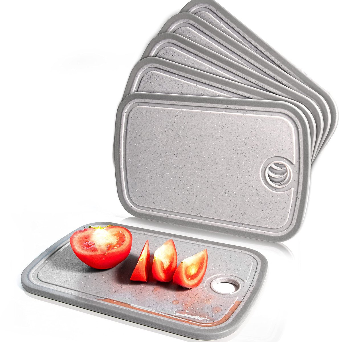 DIFULI Ontbijtplankenset, 6-delige set, 29 x 19 x 0,9 cm, snijplank, kunststof, antislip, met sapgoot en handvat, vaatwasmachinebestendig, BPA-vrij, antibacterieel, granietlook, grijs