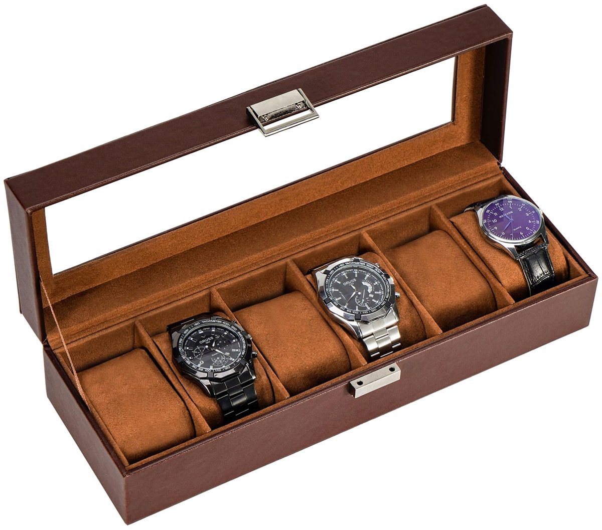 ProCase Horlogebox met 6 compartimenten, Horlogekast met glazen deksel, Horlogekast met horlogekussentje, Horloge opbergruimte, Premium Horlogebox, PU leren horlogekast, Horlogebox voor heren - 6 compartimenten, Bruin