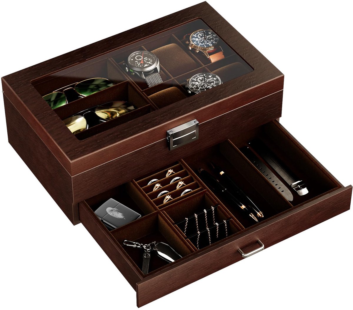 ProCase horlogebox brillenbox van hout in pianolak hoogglans, 2 niveaus, brillenbox horlogekast zonnebrillenbox met glazen deksel voor 6 horloges en 3 glazen - Espresso