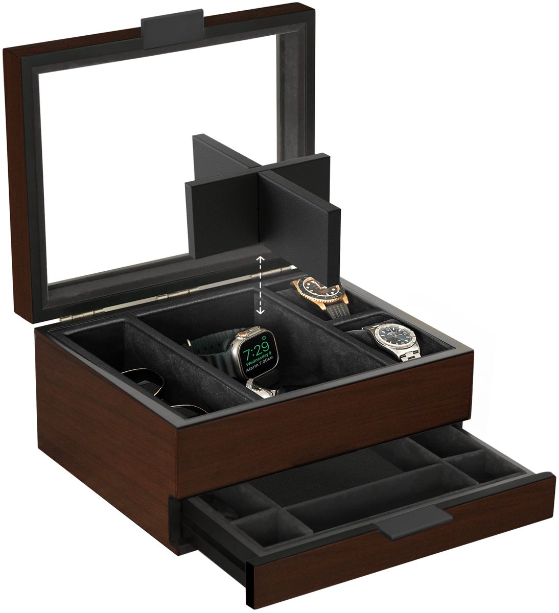 CASE ELEGANCE 8-vaks horlogebox voor heren, kersenhouten walnoot afwerking, horloge display case, modulaire valet tray, Apple Watch compatibel met Apple Watch standaard - Bruin