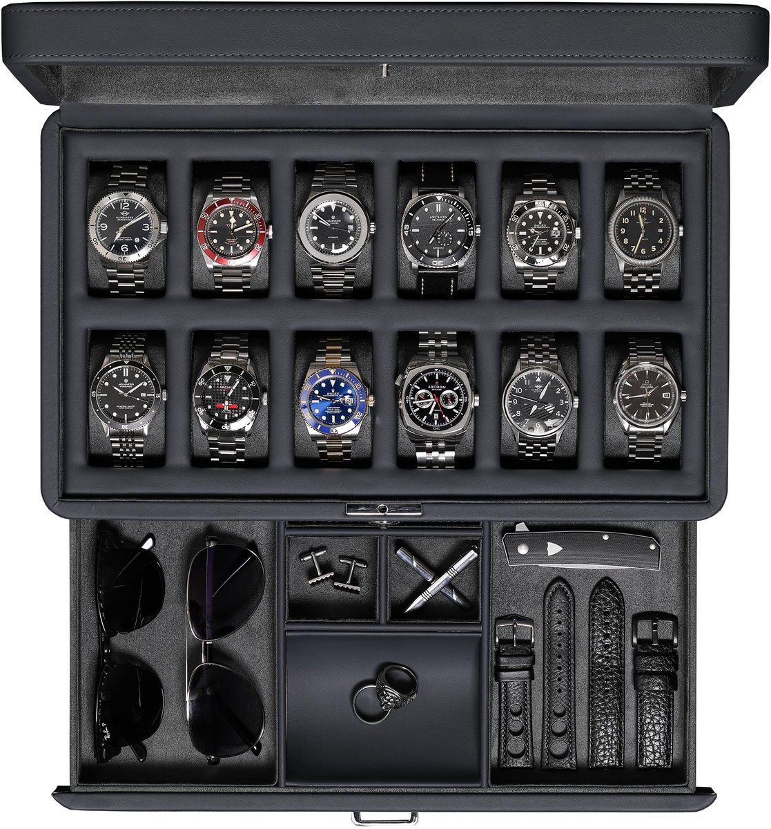 ROTHWELL Luxe Horlogebox voor 12 Horloges - PU Lederen Horlogebox met Echt Glazen Deksel - Uittrekbare Accessoirelade met Meerdere Compartimenten (Carbon)