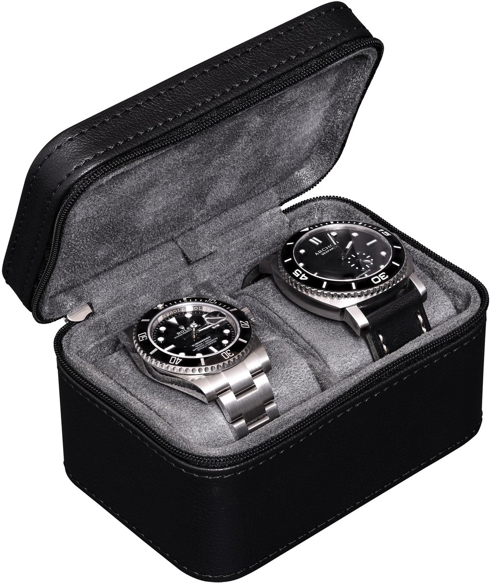 ROTHWELL Reiskoffer voor heren voor 2 horloges, compacte beschermhoes van PU-leer met micro-suède binnenkant, geschikt voor horloges en smartwatches tot 55 mm (zwart-grijs)