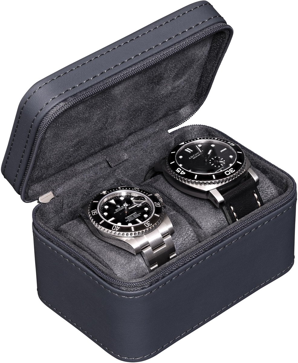 ROTHWELL RW2T-CARBON-2 Reiskoffer voor heren voor 2 horloges | Compacte beschermhoes van PU-leer met microsuède binnenkant, geschikt voor horloges en smartwatches tot 55 mm (Carbon)