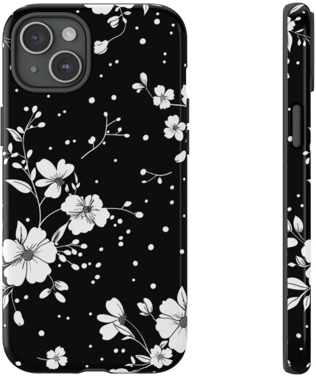 Zwart-Wit Bloemenpatroon – Telefoonhoesje Geschikt voor iPhone 15 Plus