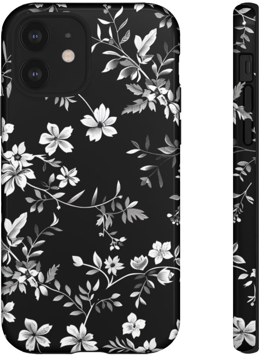 Zwart-Wit Bloemenpatroon – Telefoonhoesje Geschikt voor iPhone 12