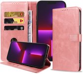 Geschikt voor iPhone 13 Pro Max Telefoonhoesje Kunstleer met Magnetisch lipje en Pasjeshouder Book Case met Klepje - Roze - Smartphonica geschikt voor iPhone 13 Pro Max