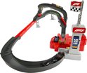 Hot Wheels F1 racebaan met startpoort, lanceerder, F1 vlag en vier auto's, inclusief een rode rechte baan.