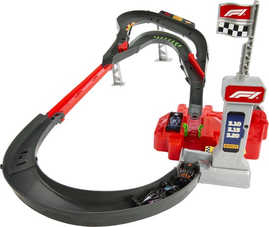 Hot Wheels F1 racebaan met startpoort, lanceerder, F1 vlag en vier auto's, inclusief een rode rechte baan.
