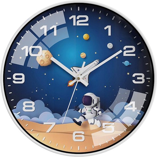 ALEENFOON 30cm Kinderwandklok Stil, Niet-tikkend, Modern Kwarts Kleurrijk voor Jongens & Meisjes, Ruimte Astronauten voor Slaapkamer, Woonkamer, Klaslokaal, Kinderkamer