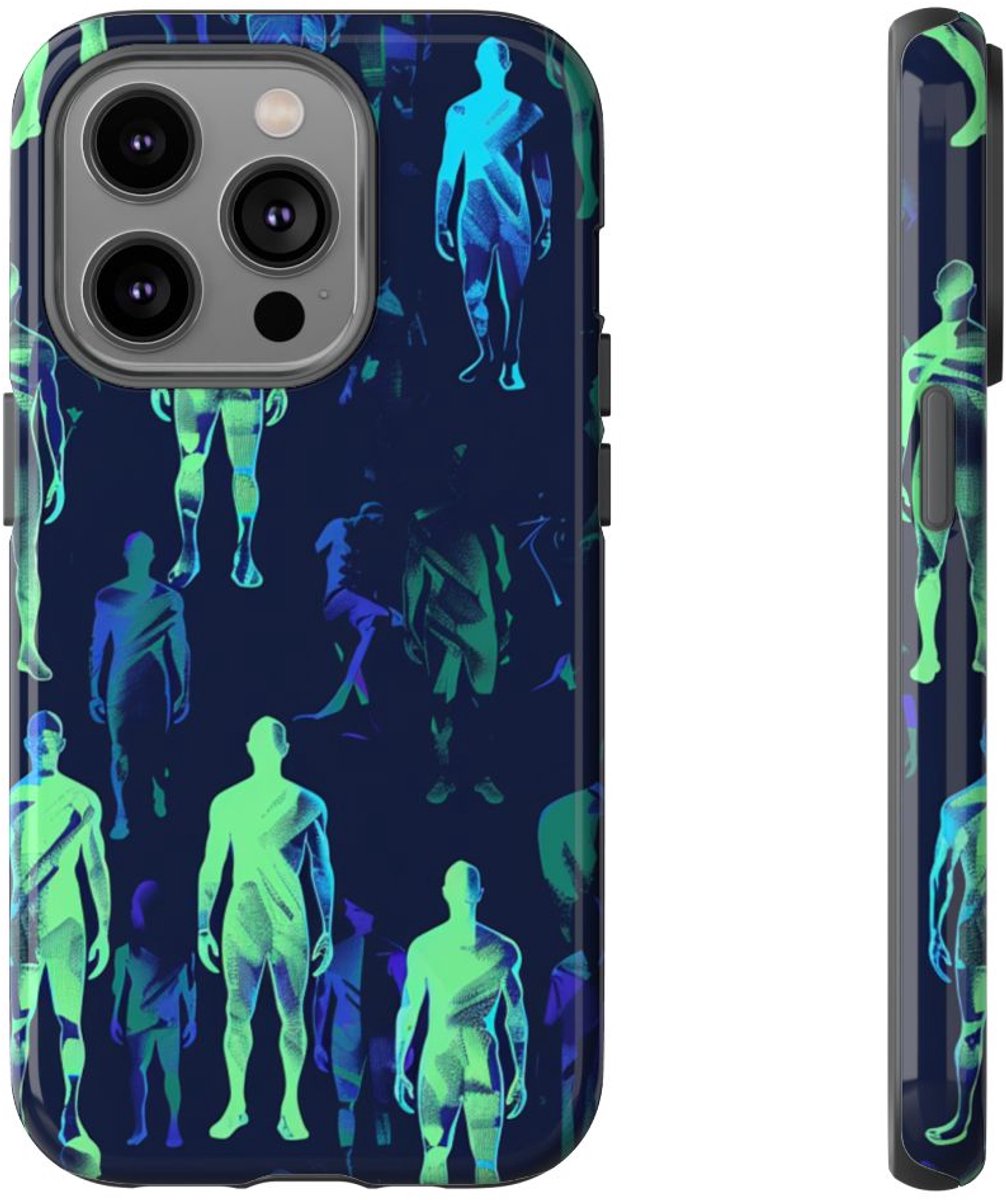 Blauw-Groene Neon Figurenpatroon – Telefoonhoesje Geschikt voor iPhone 14 Pro