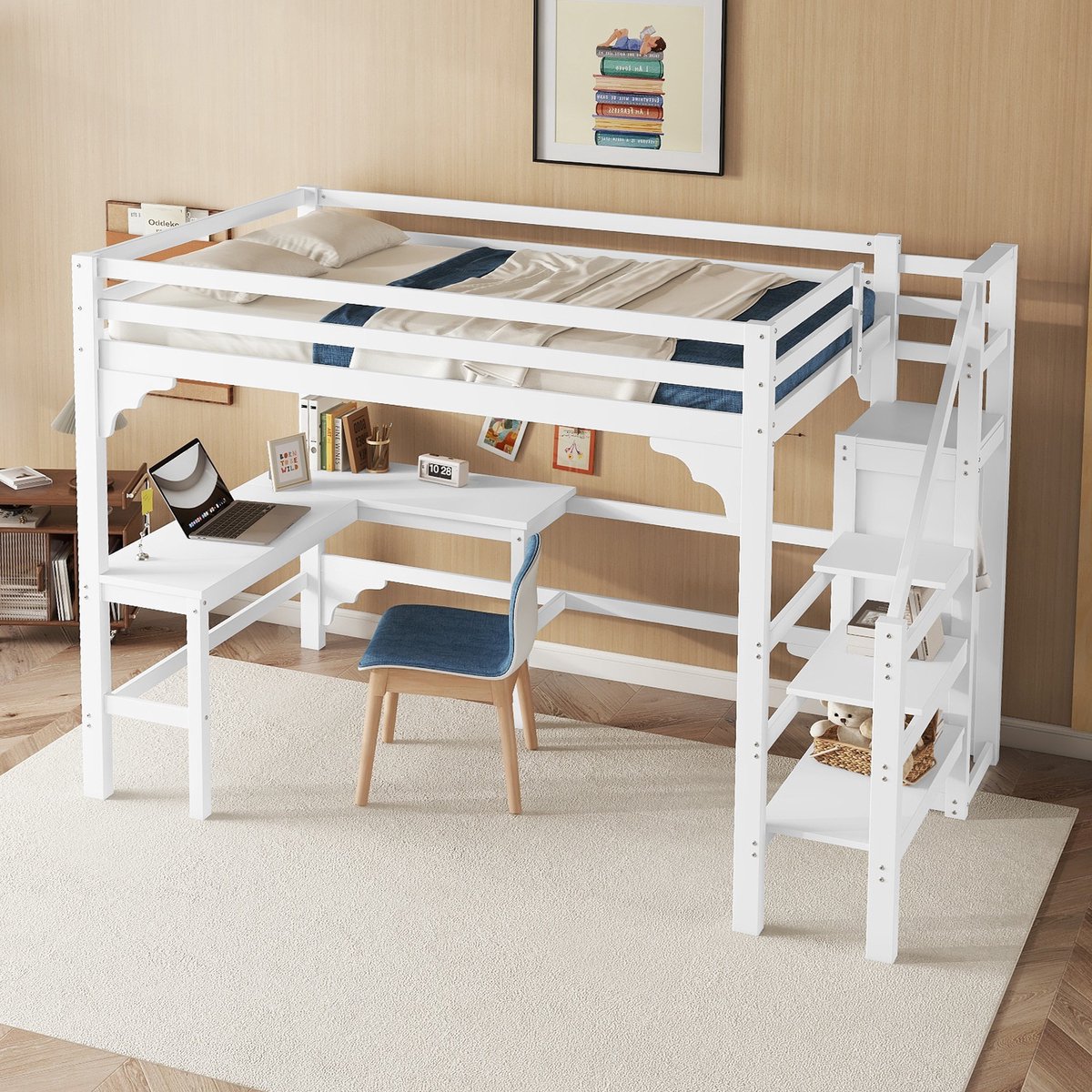 Merax Hoogslaper - 140x200cm - stijlvol L-vormig bureau - grenen - open kledingkast - zonder matras - wit