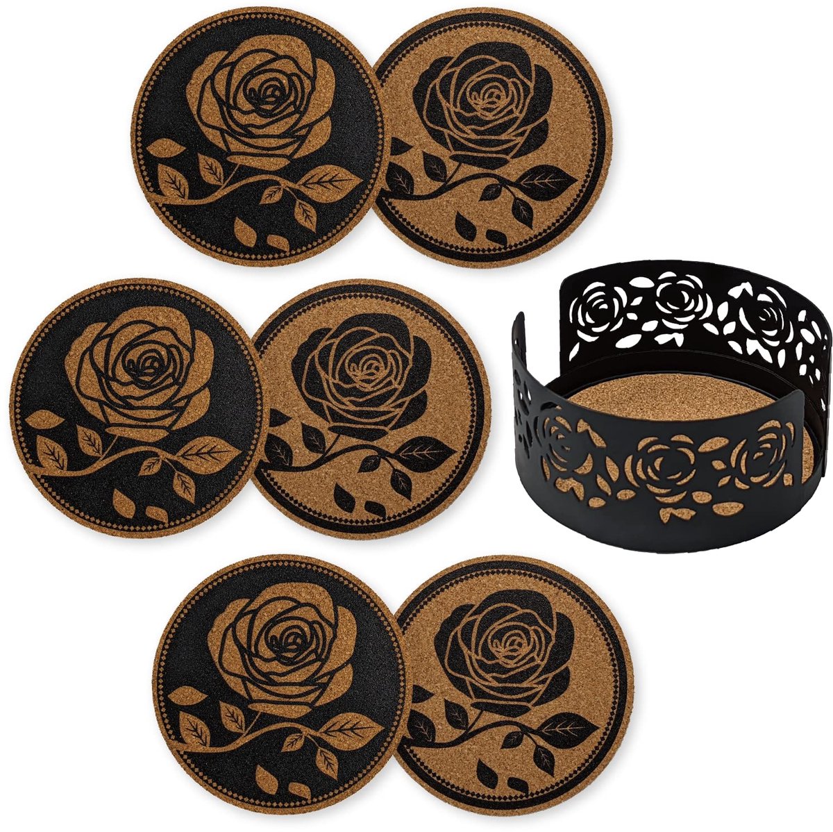 Mango Steam Set van 6 decoratieve onderzetters voor drankjes en kopjes met metalen houder, zwart
