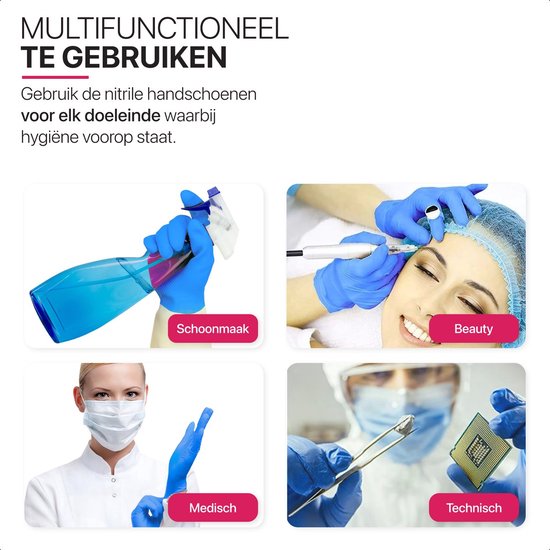 Illustratie toont vier toepassingen: schoonmaak, beauty, medisch en technisch, waarbij blauwe nitril handschoenen gedragen worden.