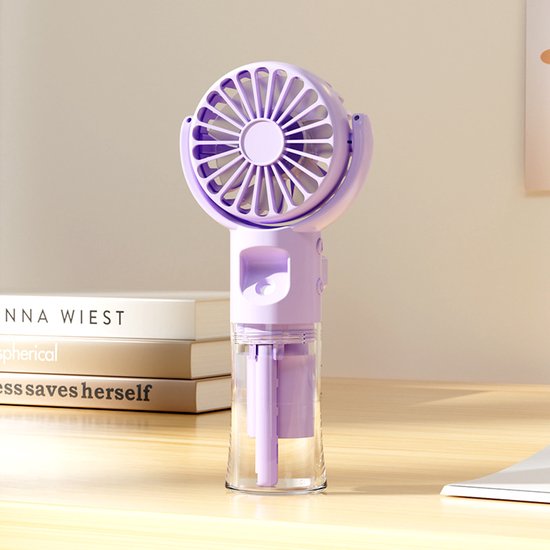 Draagbare oplaadbare ventilator met sprayfunctie, 4 snelheden, 280° draaibaar, USB, kabelhouder, paars