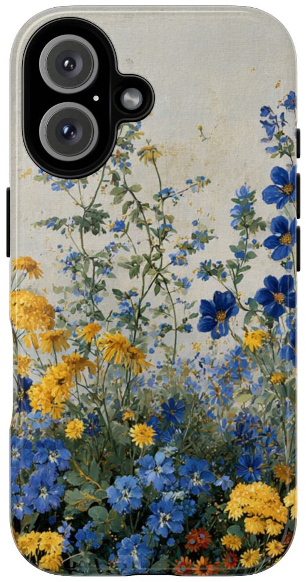Blauwe en Gele Wilde Bloemen – Telefoonhoesje Geschikt voor iPhone 16