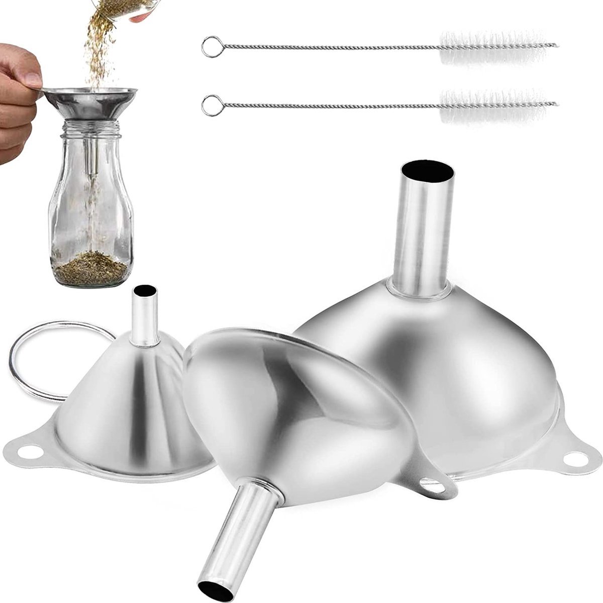 3-delige roestvrijstalen trechterset - diameter: 7,5 cm / 5,5 cm / 4,5 cm - keukentrechter met 2 reinigingsborstels - metalen vultrechter