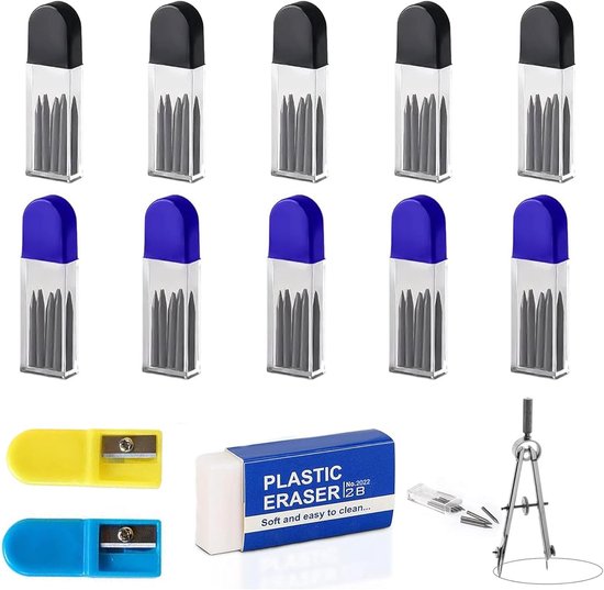 WUDQIJI Passervullingen voor passer, 500 stuks, diameter 2 mm, 2 cm lang, passervullingen, reservevullingen voor passer, kompas, navullingen met potloodslijper voor tekening, geometrie