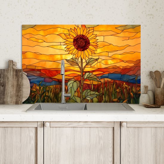 Spatscherm keuken 60x40 cm - Kookplaat achterwand Zonnebloem - Mozaïek - Zonsondergang - Geel - Muurbeschermer - Spatwand fornuis - Hoogwaardig aluminium