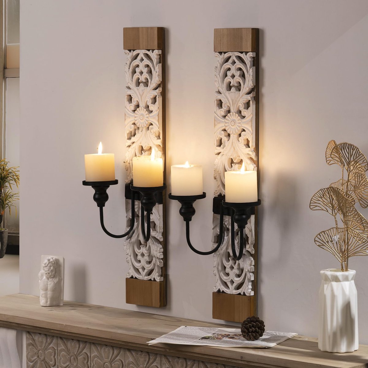 Ibenzoa® Vintage Houten Wandkandelaar Set voor Sfeervolle Kaarsdecoratie in Huiselijke Ruimtes